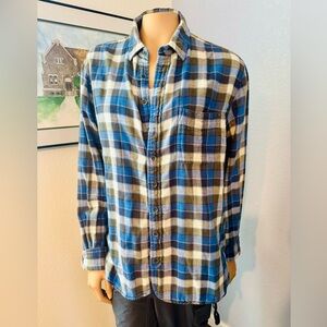 Rag & Bone Blue and White Plaid Flannel Shirt with Contrast Lining Size XL